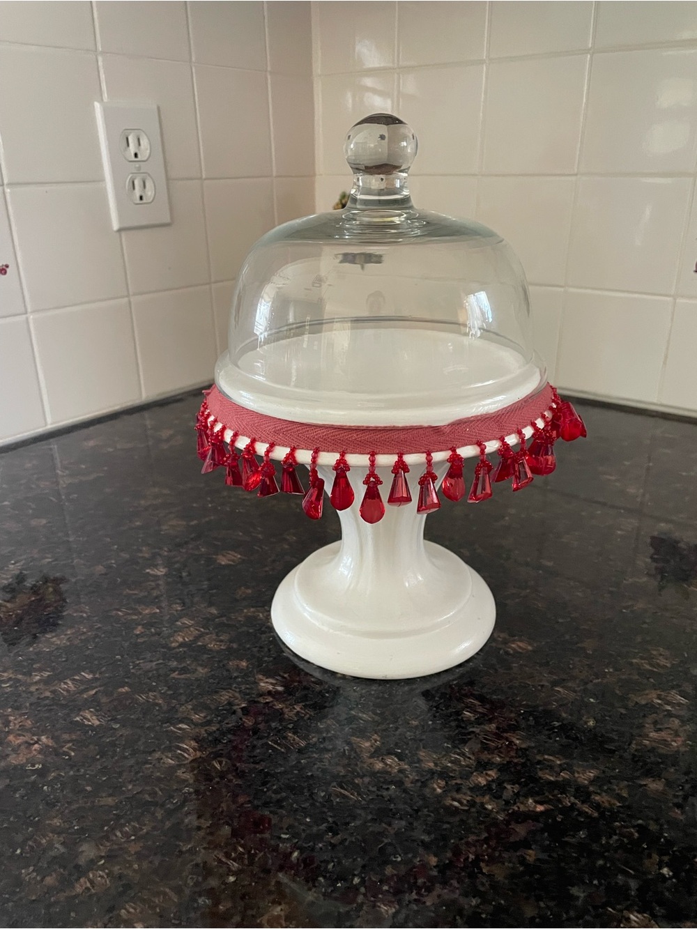 Glass Dome Cake Stand with Red Beaded Trim